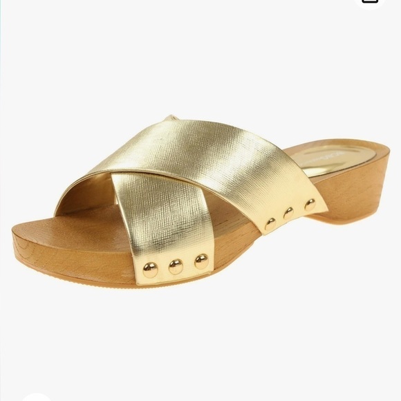BCBGeneration Metallic Gold Wood Clog Flat Slides Sandals Size 6.5 - Picture 1 of 12